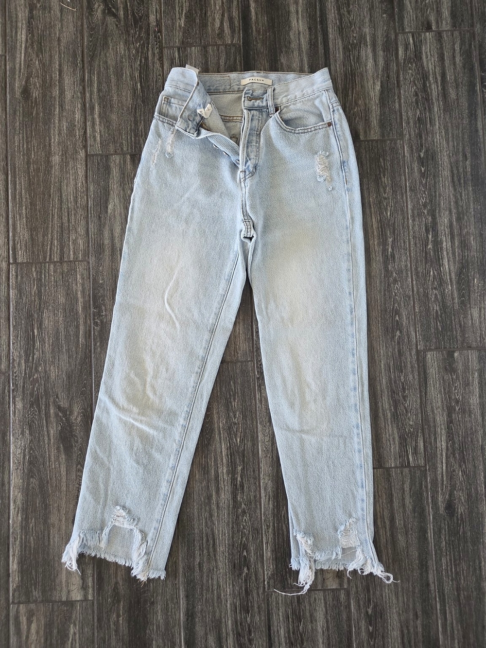 Pacsun Women's 23 High Rise Straight Jeans Light Wash Distressed Raw Hem Y2K